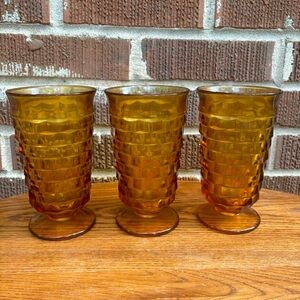 Vintage Amber Whitehall Indiana Glass Cubist Stemware Glasses 6" 12 oz. Set of 3